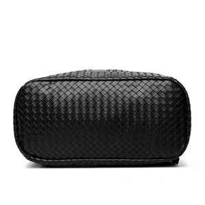 Bottom view of black woven PU leather backpack showing premium Intrecciato craftmanship