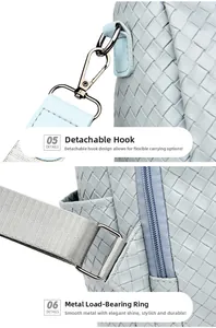 Detail of light blue woven texture bag featuring silver hardware hooks and fabric straps