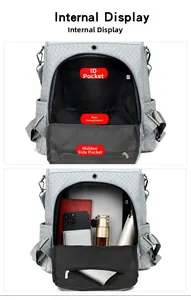 Internal view of woven leather backpack showing main compartment and zippered pockets