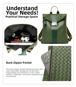 Detail des grünen Webrucksacks mit hinterer Reißverschlusstasche und multifunktionalen Seitentaschen