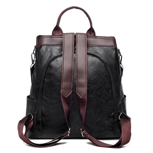Women vintage black PU leather backpack with anti-theft design and contrast brown straps