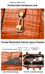 Macro detail of orange crocodile embossed handbag showing gold hardware and spacious interior