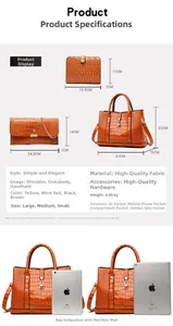 Detailed size chart for 3-piece crocodile pattern tote bag set with dimensions and specs
