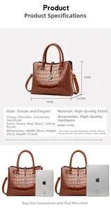 Detailed dimensions of brown crocodile pattern handbag with iPad size comparison