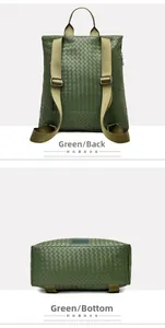 Details der gewebten Lederstruktur am grünen Rucksack, Rück- und Unteransicht