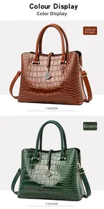 Detailed view of yellow-brown and green faux crocodile texture handbags with metal pendants