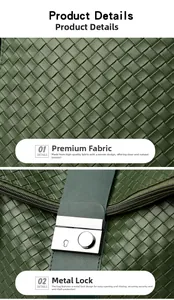 Details von gewebter Textur und silbernem Metalldruckverschluss am dunkelgrünen Rucksack