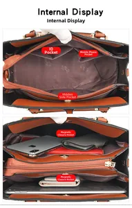 Internal display of brown leather handbag featuring multi-compartment storage and magnetic snaps