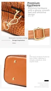 Detail der Handtasche mit Krokodilprägung, Goldbeschlägen und vier Bodennieten zum Schutz