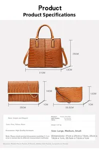 Detaillierte Größentabelle für braunes Kroko-Handtaschen-Set mit Abmessungen in CM