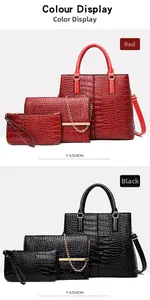 Detailliertes Set aus drei Damenhandtaschen mit Krokodilprägung in Rot und Schwarz