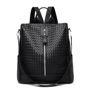 Women Fashion Woven PU Leather Backpack Anti Theft Large Capacity Travel Shoulder Bag With External Headphone Jack Casual Multi Way Carry Handbag