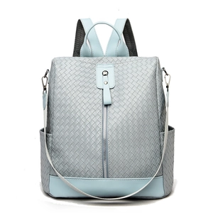 Blue woven fashion backpack for women with anti-theft design and leather handle