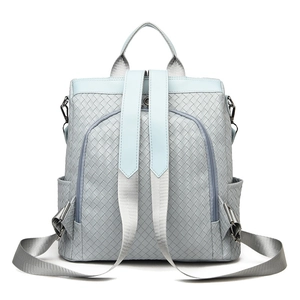 Women's anti-theft backpack in grey blue woven leather with large capacity and top handle