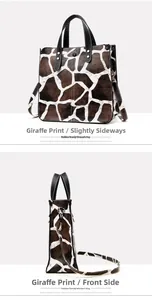Macro detail of giraffe print tote bag showing side metal snaps and black leather handles