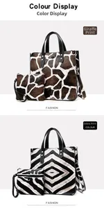 Detail view of large tote bags in stylish giraffe and zebra animal prints with matching pouches