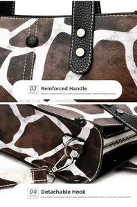 Detail of giraffe print tote showing reinforced rivet handles and detachable strap D-ring
