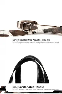 Detail of adjustable patterned shoulder strap and black pebbled leather handle with stitching