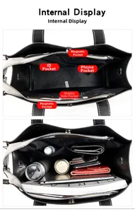 Internal display of black tote bag showing pockets for tablet, phone, and accessories
