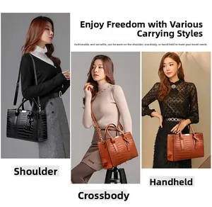 Three-way carry demonstration of crocodile pattern PU tote with shoulder and crossbody straps