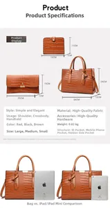 Size chart showing dimensions for the three-piece PU leather shoulder bag and handbag set