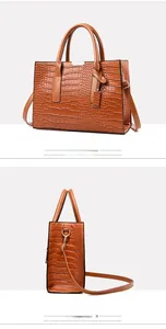 Detailed views of brown faux crocodile tote bag featuring adjustable strap and metal clasp