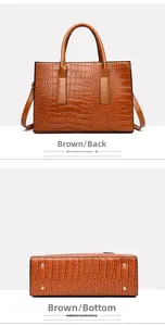 Rear view and base of brown crocodile embossed tote bag with gold protective feet