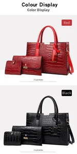 Detailed set of crocodile embossed tote bags and wallets in classic black and red