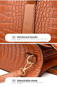 Detail of brown crocodile pattern handbag with reinforced stitching and gold metal hooks