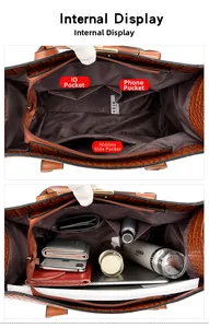 Detailed interior of brown tote bag showing phone pocket and zippered compartments