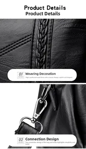 Close-up of black lychee leather texture with woven details and silver hardware hooks