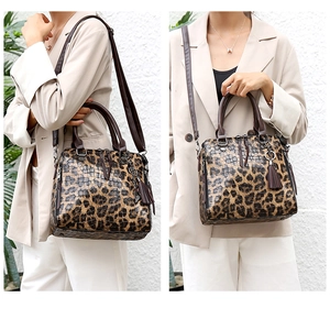 Details von Leopardenmuster und Krokodilstruktur auf einer schicken Boston-Handtasche