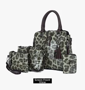 Vorderansicht des grünen vierteiligen Handtaschen-Sets mit Leoparden- und Krokoprint