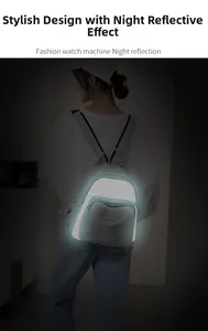 Close-up of gray Oxford fabric backpack with luminous geometric night reflective pattern