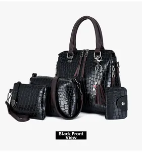 Vorderansicht des 4-teiligen schwarzen Handtaschen-Sets aus Krokodilleder mit Anhänger