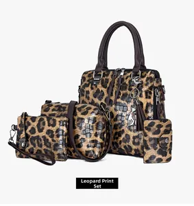 Vorderansicht von Leoparden-Handtaschen-Set im 4er-Pack mit Krokoprägung und Quasten-Detail