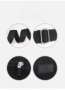 Detail view of high-density nylon strap, silver buckle, and metal zipper on black handbag