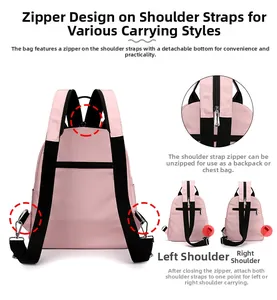 Detail of multi-functional pink nylon backpack showing zipper strap for versatile carrying