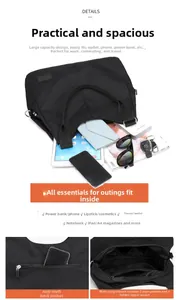 Detailed view of spacious nylon shoulder bag interior with multi-pockets and anti-theft zipper