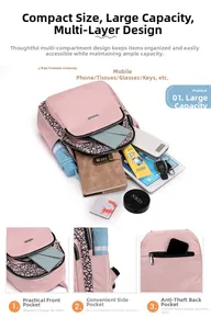 Pink Oxford cloth backpack detail showing organized storage for iPad and daily essentials