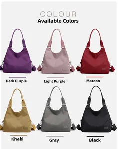 Matrix showing six colored nylon tote bags including deep purple, red and khaki