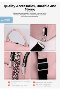 Detailed view of pink oxford backpack featuring metal hooks and smooth double zippers
