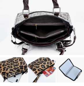 Detailansicht der Leoparden-Taschenset mit Innenfach und Kartenfächern für Damen Mode