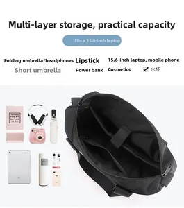Layout interno della borsa in nylon nero con scomparto per laptop da 15,6 pollici e tasche