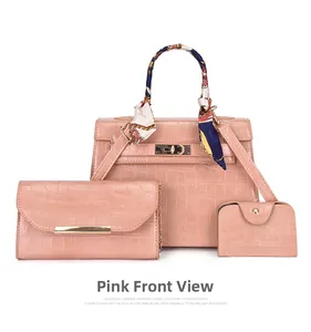 Pink crocodile-embossed handbag set with a mini purse and silk scarf wrap on handle