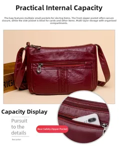 Dettaglio borsa a tracolla rossa con cerniere multiple e tasca posteriore per cellulare