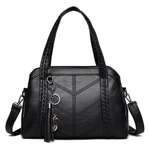 Large Capacity Women Shoulder Bag PU Leather Woven Handle Handbag With Tassel Cat Pendant Multiple Pockets Crossbody Bag
