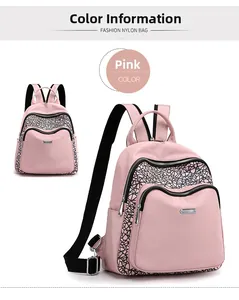 Detailed view of pink nylon backpack with black geometric lines and zippered pocket