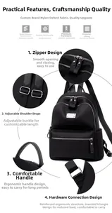 Detail view of durable black Oxford nylon backpack with reinforced straps and multi-layers