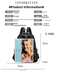 Detailed size chart for black oxford fabric backpack with dimensions 30x14x35cm